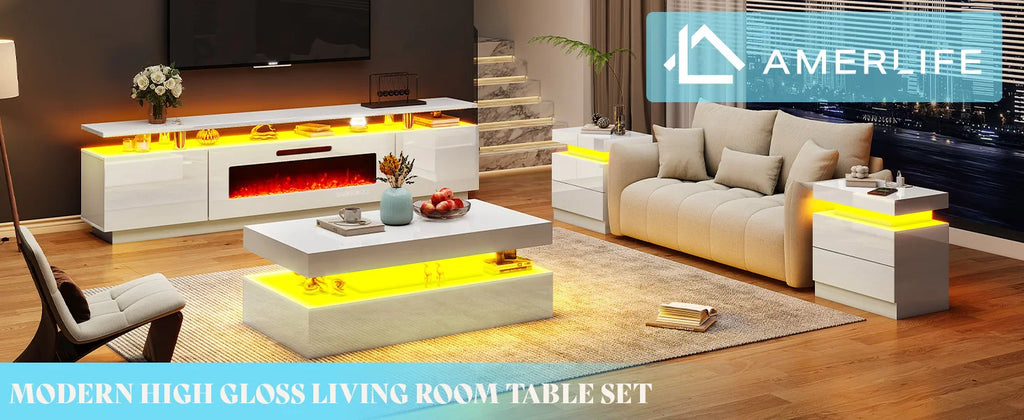High Gloss 3 Pieces Living Room Table Set, Modern LED Coffee Table Sets of 3, 2-Tier Center Table with 2 End Side Tables, White
