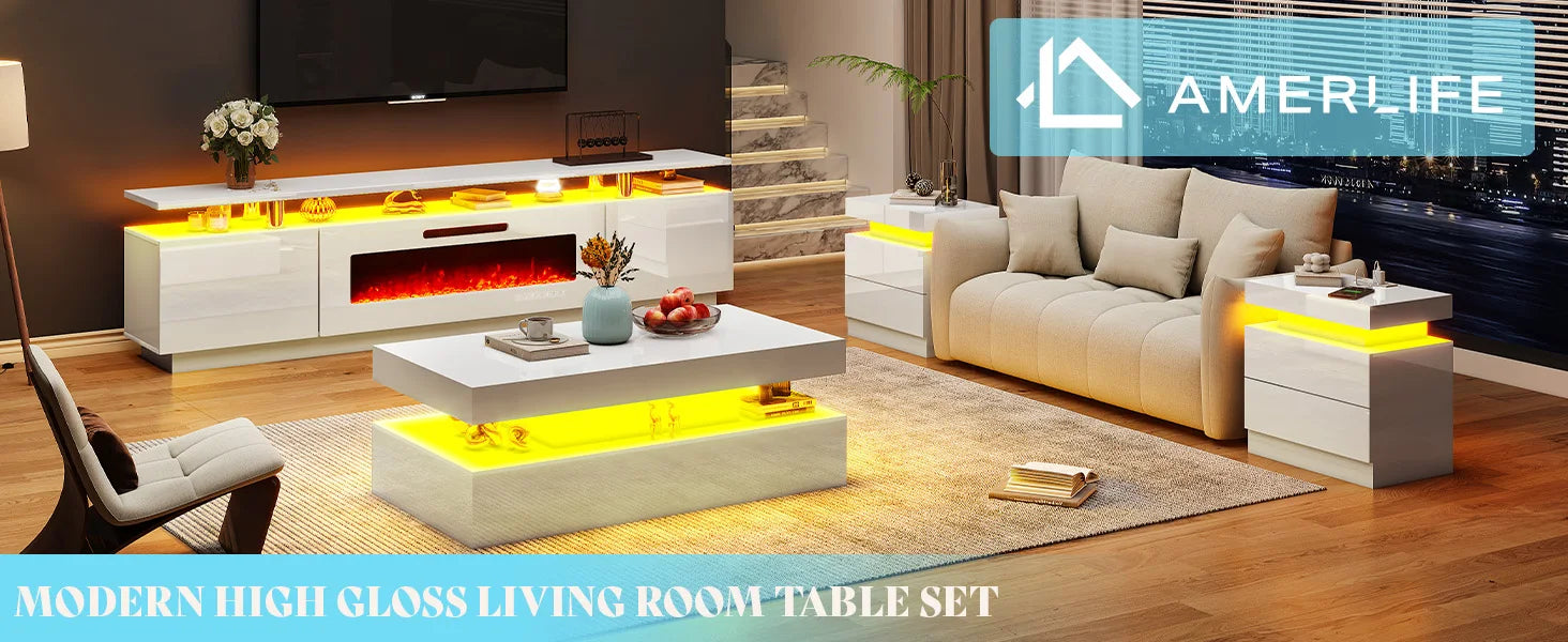 High Gloss 3 Pieces Living Room Table Set, Modern LED Coffee Table Sets of 3, 2-Tier Center Table with 2 End Side Tables, White