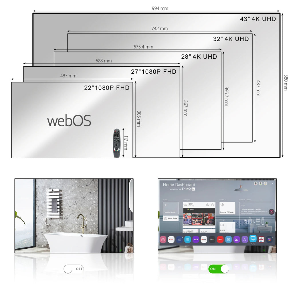Soulaca 43 inches webOS Mirror Smart 4K TV WiFi for Bathroom Waterproof LED Television Built-in Alexa Bluetooth Hotel