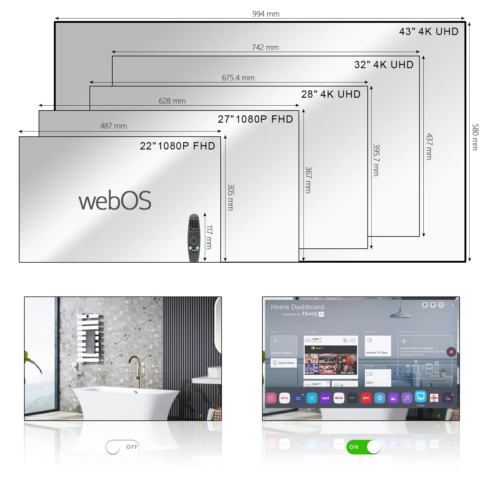 Soulaca 43 inches webOS Mirror Smart 4K TV WiFi for Bathroom Waterproof LED Television Built-in Alexa Bluetooth Hotel
