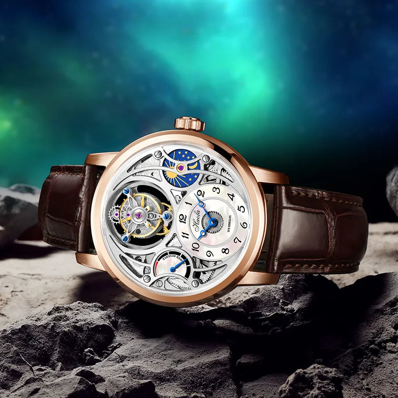 Haofa Manual Tourbillon Watch for Men Moonphase Energy Display Dial Skeleton Movement Sapphire Mechanical Wristwatches 1939