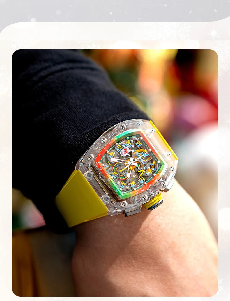 CRONUSART Men Chronograph Watch Tonneau Mechanical Wristwatch Sapphire Case Luminous Fluororubber Strap Christmas Limied Edition