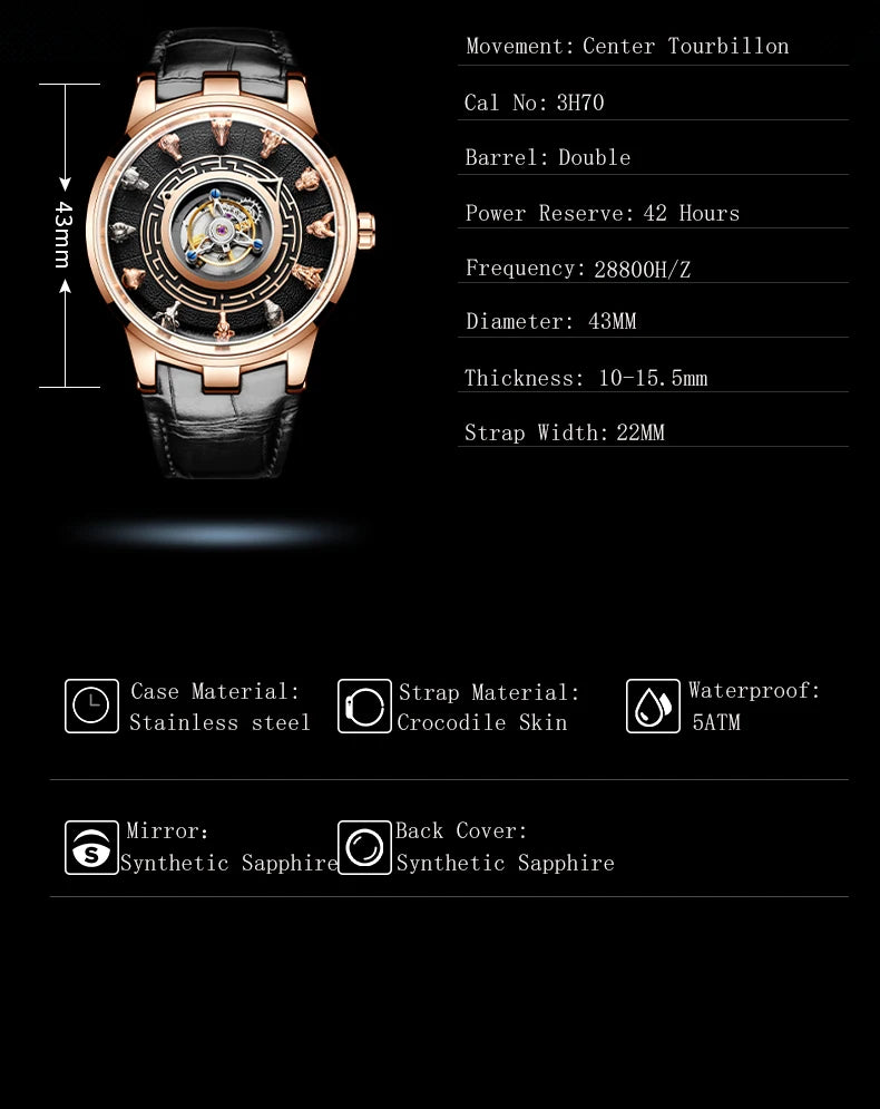 Haofa 2000 Center Tourbillon Movement Man Watch Luxury Sapphire Zodiac Tourbillon Mechanical Mens Watches Limited Edition