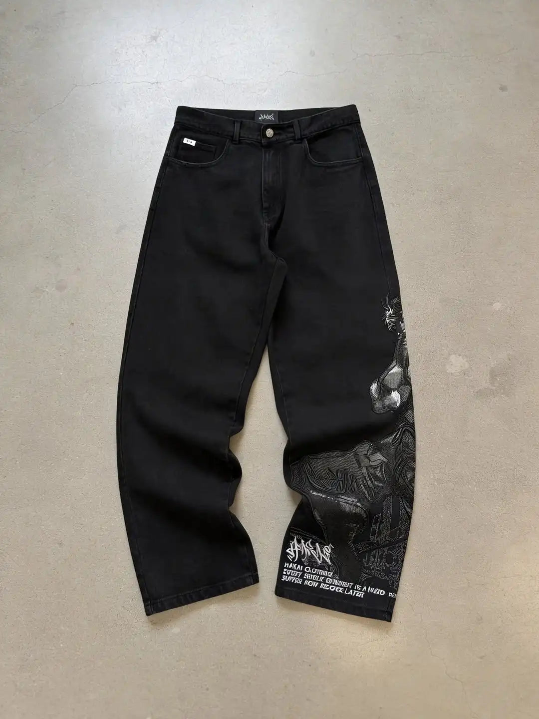 Street Fashion Anime Pattern Embroidery Oversized Denim Pants for Street Wear Y2K Loose Pants