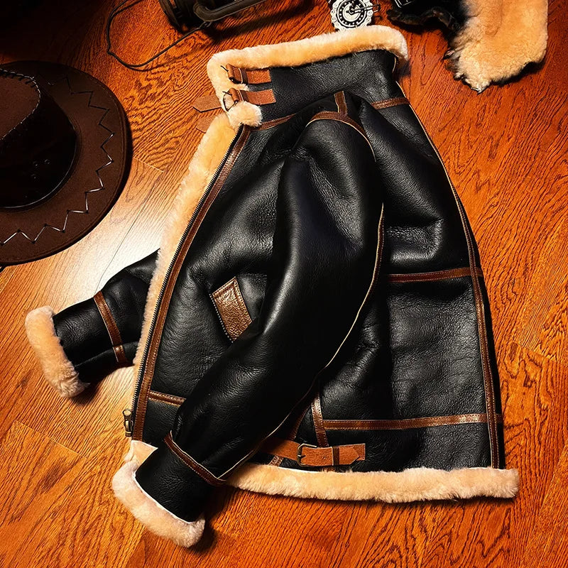 Sheepskin Suit Men's Lambskin Genuine Leather Overcoat Motorcycle Short Leather Fur Coat