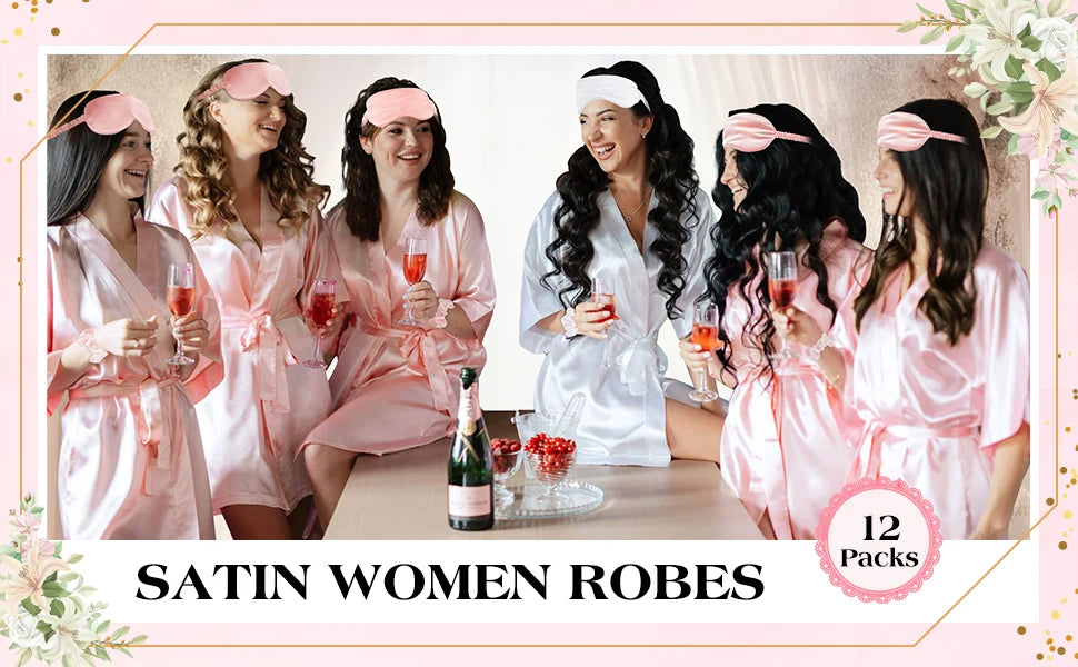 12 Pack Satin Women Robes Kimono Robe Bulk with Sleeping Mask and Hair Tie Sets Silky Bathrobes for Birthday Wedding Party