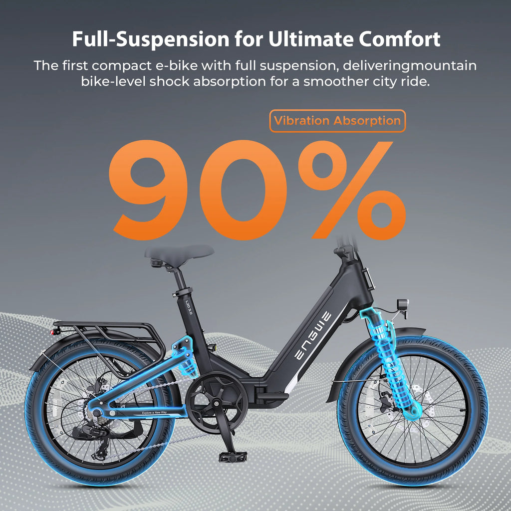 ENGWE L20 3.0 Full Suspension E-Bike, 1500W 48V 15Ah 60Miles, Smart GPS Anti-Theft, 28MPH Foldable Commuter Ebike