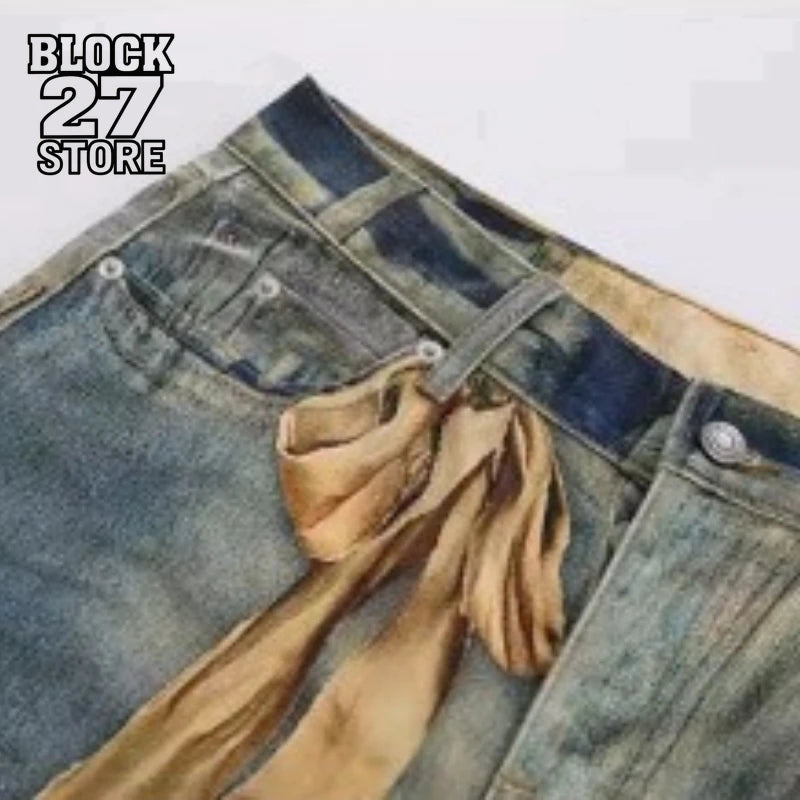 American Retro Vintage Washed Teddy Bear Graphic Printed Jeans Unisex Baggy Straight Y2K Streetwear Wide Leg Trousers Harajuku