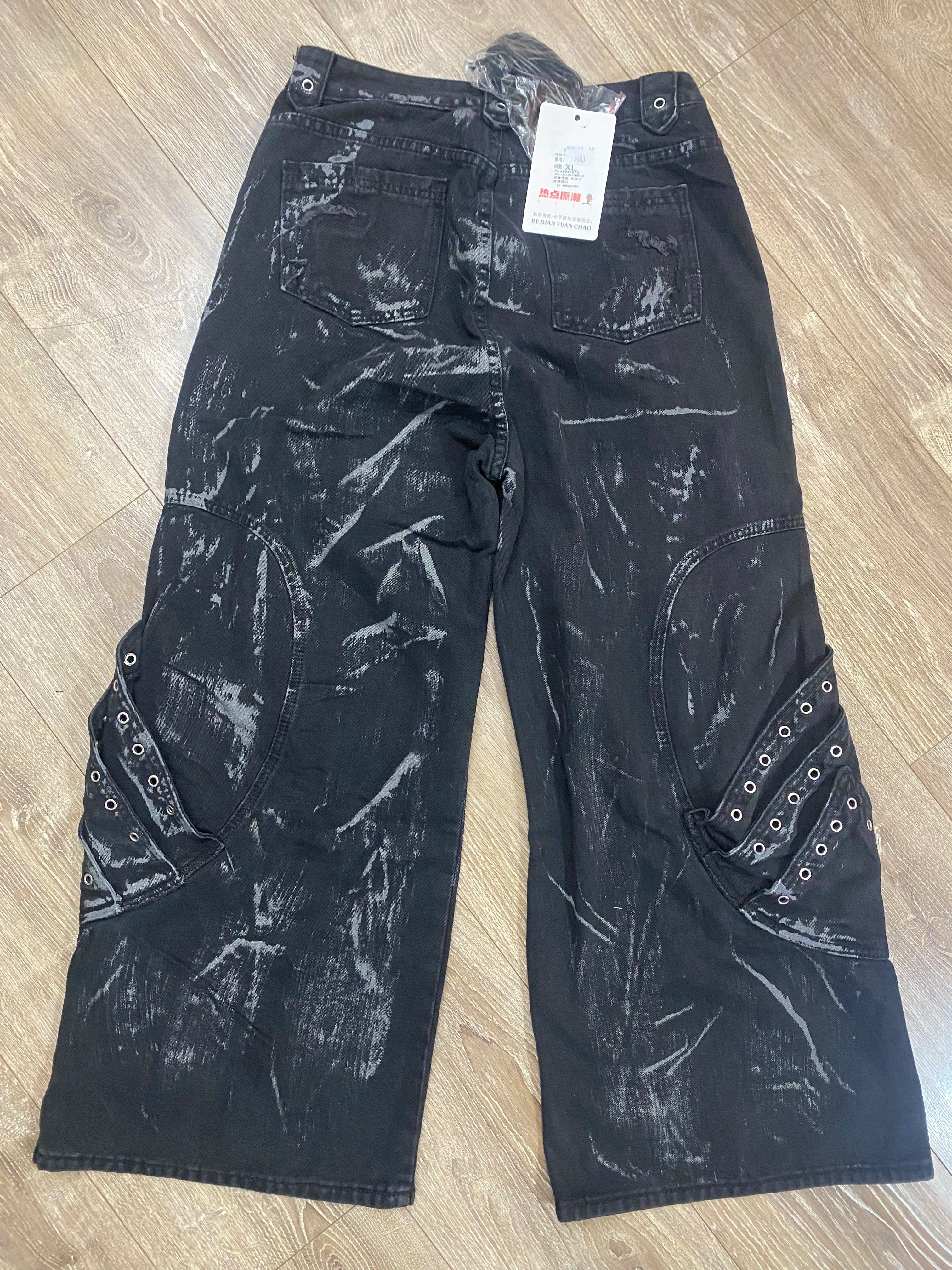 High Street Men's Denim Trousers Patchwork Contrast Color Drawstring Raw Edge Dirty-dying Worn-out Male Jeans New