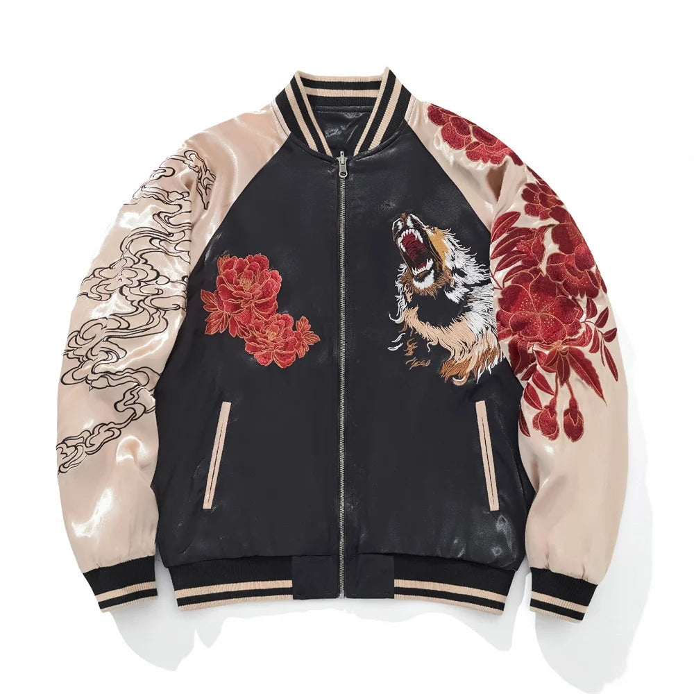 Fashion Anime Lion Flower Embroidered Zipper Jacket Streetwear Hip Hop Men's Harajuku Japanese Baseball Coat Bomber Jacket