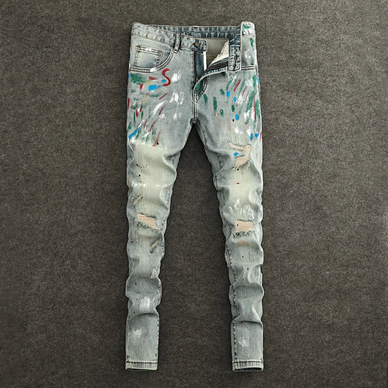 High Street Fashion Men Jeans Retro Washed Blue Stretch Slim Fit Ripped Jeans Men Painted Designer Vintage Denim Pencil Pants