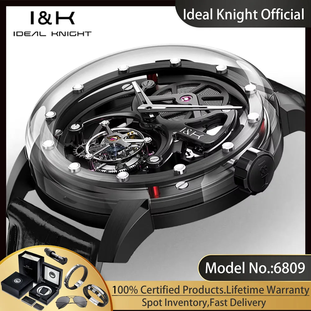 IDEAL KNIGHT 6809 Real Tourbillon Watches for Men High-end Luxury Transparant Hollowed Fully Automatic Mechanical Wristwatch New