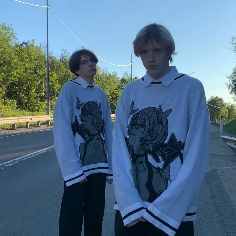 Europe and America 2025 New Round Neck Anime Printing Trend Lazy Fashion Men's Winter Sweater Wholesale