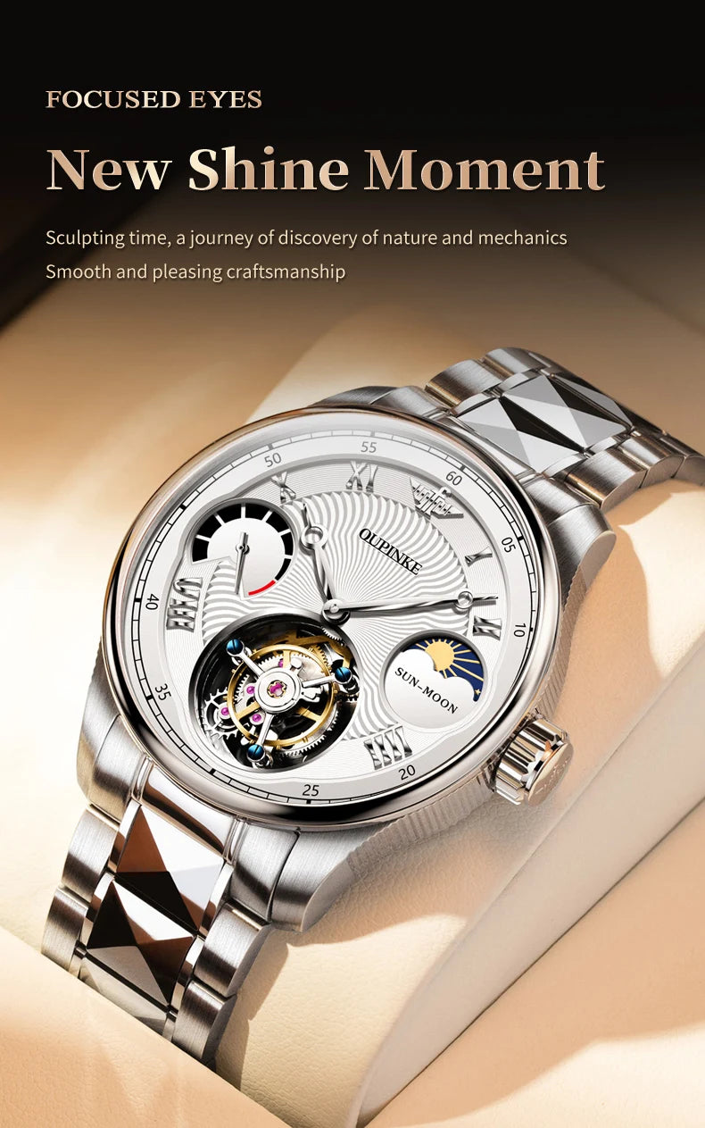 OUPINKE Men's Watch Top Luxury Fashion Original Tourbillon Mechanical Watch for Man Leather Strap Sapphire Mirror Moon Phase