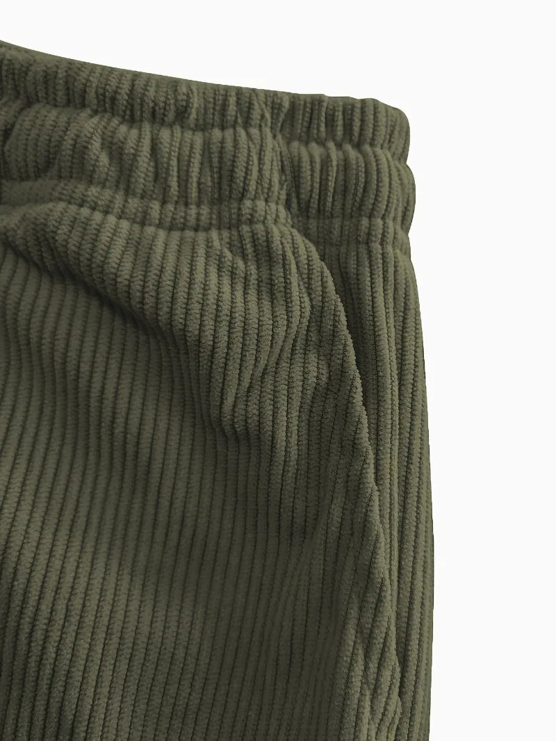 Women's Corduroy Pants Texture Straight-Leg Trousers with Drawstring Waist & White Piping - All-Season Casual to Semi-Formal