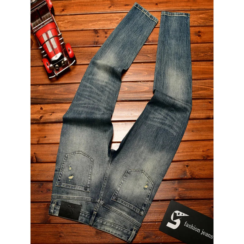 Fashionable light luxury jeans with men's patch design trendy retro elastic ripped pants