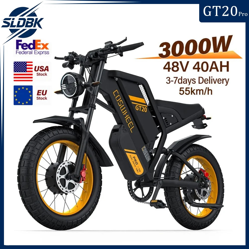 SLDBK GT20 Pro Dual Motors E-Mountain Bike for Adult 48V 25+15Ah Dual Batteries Dual Suspension 20" Fat Tire Off-Road E-bike