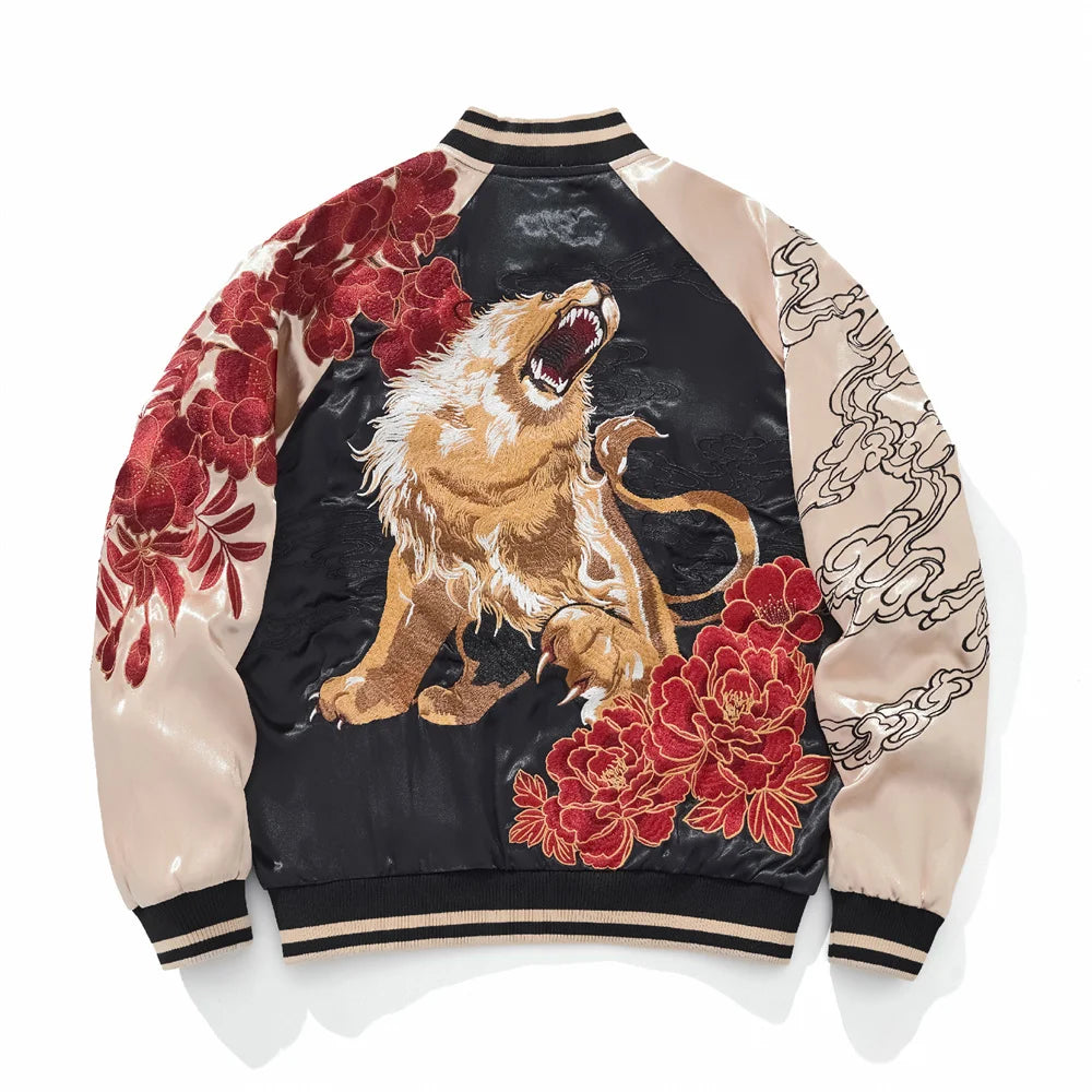 Fashion Anime Lion Flower Embroidered Zipper Jacket Streetwear Hip Hop Men's Harajuku Japanese Baseball Coat Bomber Jacket