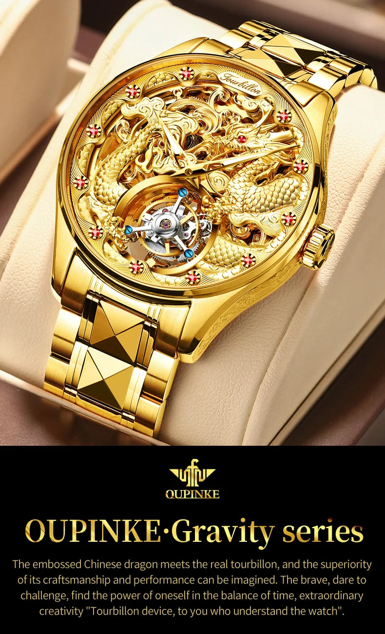 100% Golden Dragon OUPINKE 3176 True Tourbillon Watch Brand Luxury Tungsten Steel Men Automatic Mechanical Watch Reloj Hombre