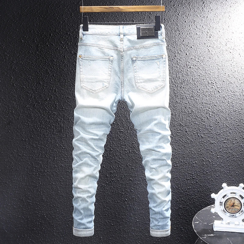 Fashion designer men's retro washed light blue elastic slim fit printed corrugated jeans men's Italian style retro denim pants h