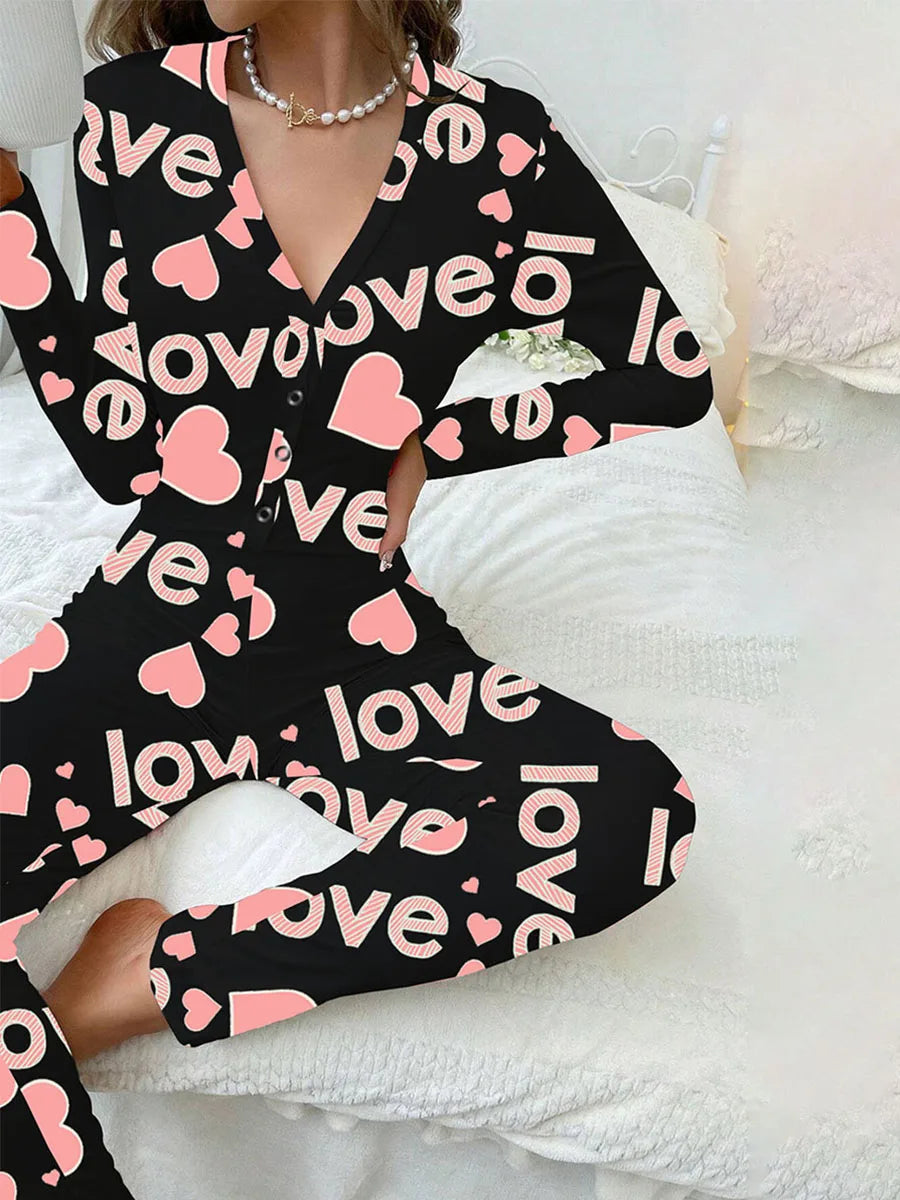 Women Jumpsuit Long Sleeve V Neck Button Closure Letters Heart Print Bodysuit Loungewear Sleepwear for Valentines Day