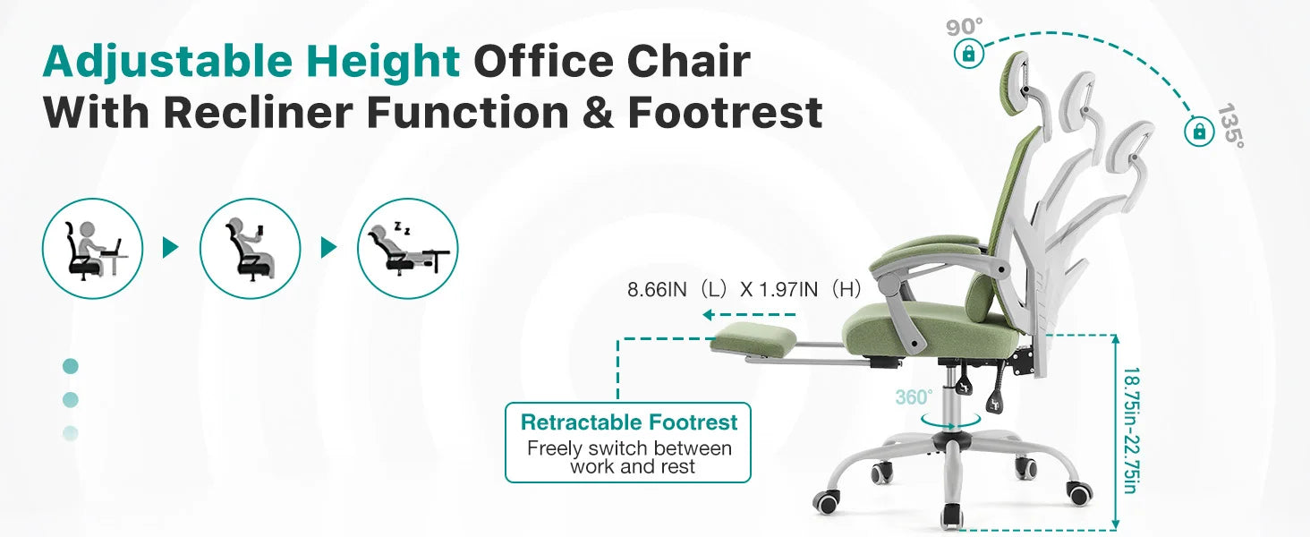 JHK Ergonomic Reclining High Back Mesh Living Room Rocking Gaming Chair Computer Desk Swivel Rolling  Lumbar Support Pillow