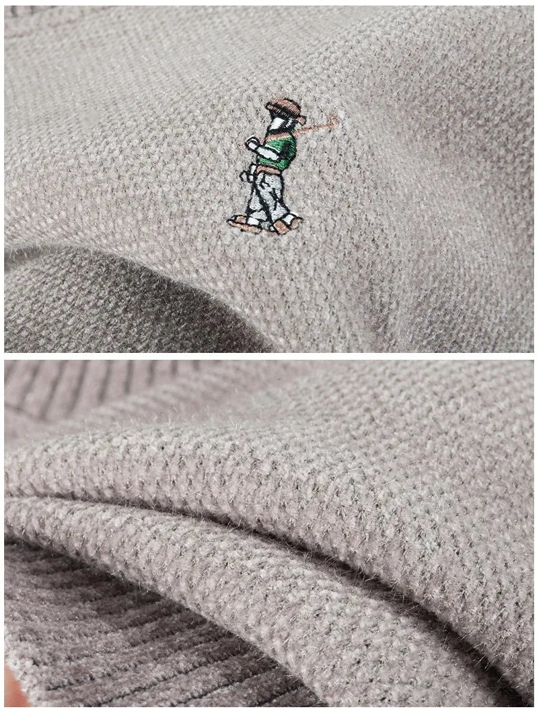 Luxury brand men's round neck knitted sweater fashion cartoon embroidery comfort warm plush autumn winter casual golf pullover
