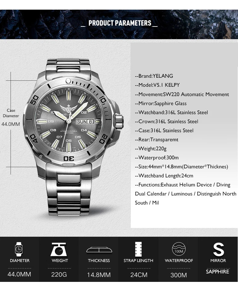 YELANG New Men Automatic Mechanical Watch T100 Self Luminous SWISS ETA Movement 25Jewels Deep Sea DiverSwim Waterproof 300m V5