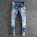 Fashionable new jeans washed with nostalgia, stretchy, slim fit, light blue, men's ripped patch jeans, high street hip-hop pants