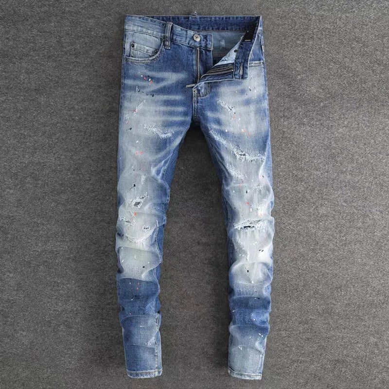 Fashionable new jeans washed with nostalgia, stretchy, slim fit, light blue, men's ripped patch jeans, high street hip-hop pants