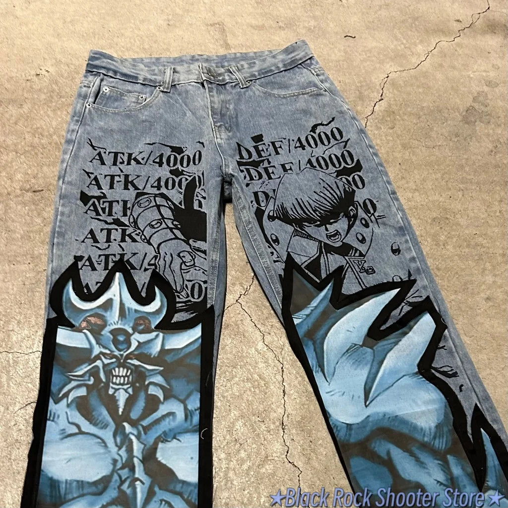 Harajuku High Street Popular Anime Jeans Y2k Baggy Jeans Vintage Wide Leg Denim PantsStreetwear Couples Trouser Men Clothing
