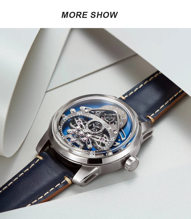 OBLVLO Men Automatic Watch 42MM Mechanical Wristwatch Luminous 50m Waterproof Sapphire Unique Concept Gear Dial SW200