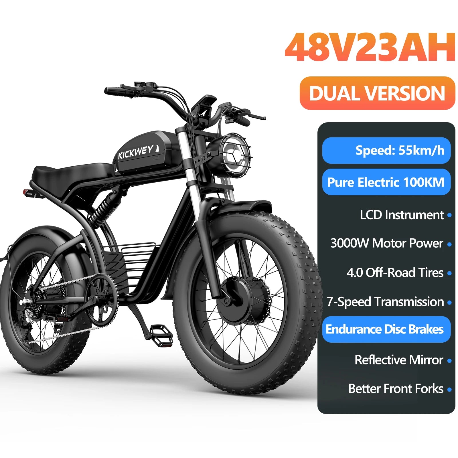 Kickwey K7 Adult Electric Bicycle 1500w 48V23ah Ebike 46km/h Mountain Electric Bike 20" Fat Tire Dirtbike Motorcycle E Bike