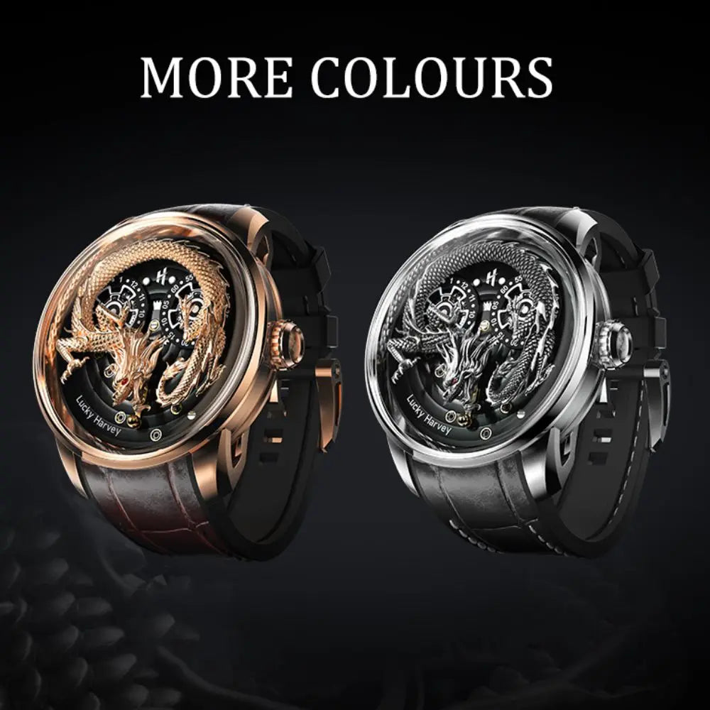 Lucky Harvey 3D Engraving Dragon Dial Automatic Mechanical Watches for Men Self-wind Movement Sapphire Waterproof Casual Watch