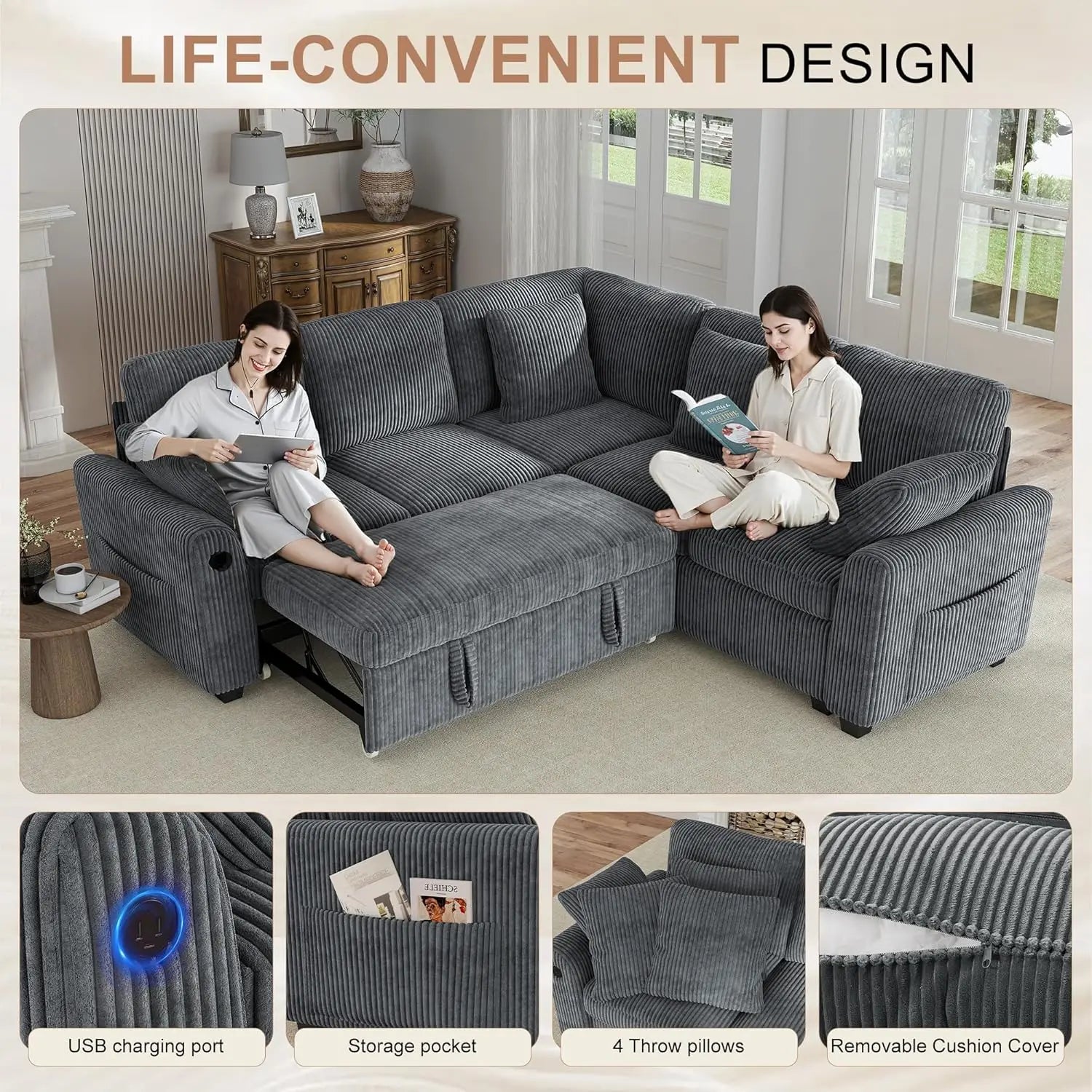 L Shaped Sectional Sleeper Sofa with Pull Out Bed Storage USB Charging Living Room Apartment, Custom