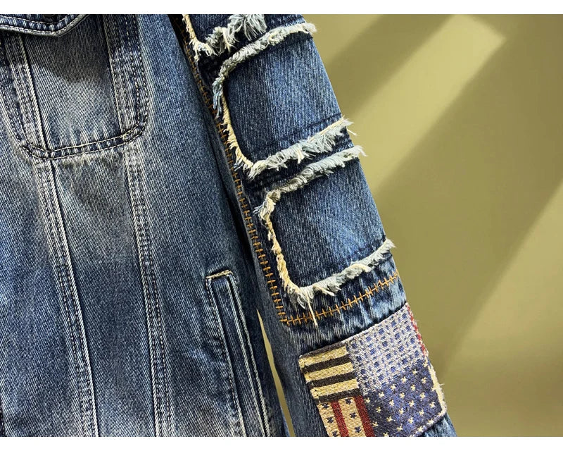 Streetwear Fashion Men Jacket High Quality Retro Blue Patched Designer Ripped Denim Jacket Men Coats Hip Hop Chaquetas Hombre