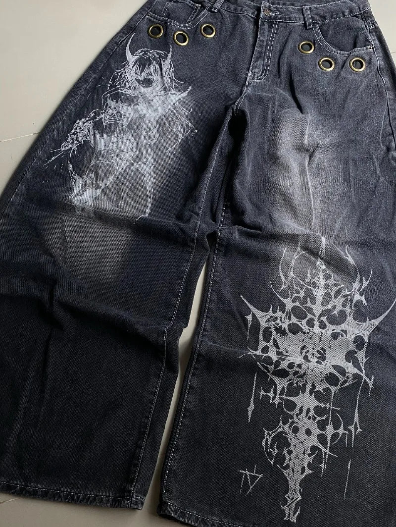 American New Fashion Oversized Pattern Printed Washed Jeans Men Y2K Gothic Rock Popular Casual Joker High Waist Wide Leg Pants