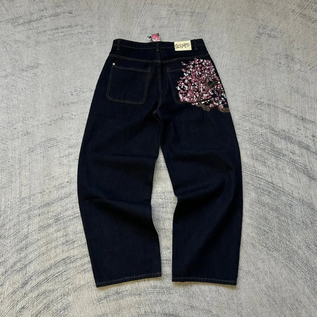 blossom embroidered pattern jeans Y2K loose men women zipper jeans wide leg pants Gothic Harajuku American style streetwear