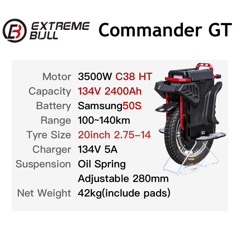 EXTREMEBULL Commander GT 3500W C38 HT Motor 20inch 134V 2400Wh 50S EUC Wheel Monowheel No-load Speed 115km/h Electric Unicycle
