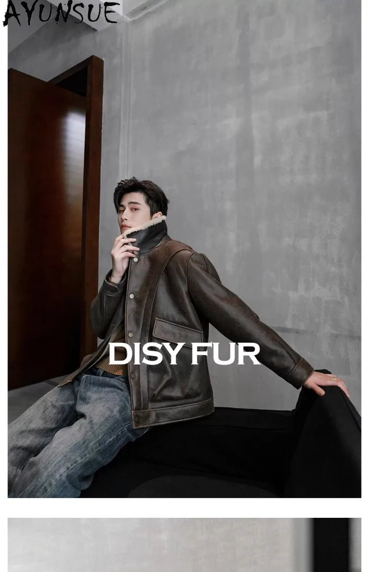 AYUNSUE Natural Sheepskin Fur Coat Men Autumn Winter New Short Real Wool Man Vintage Leather Jacket Motorcycle Fur Coats Jackets