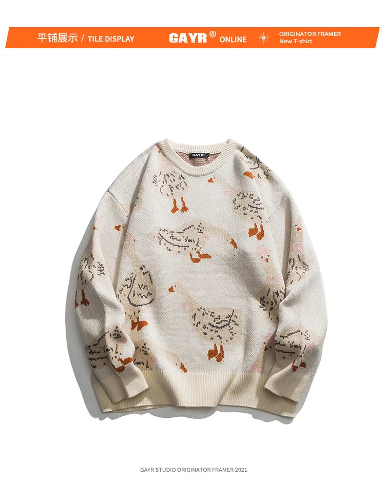 Japanese Knitted Sweater Men Cartoon Animal Duck Goose Print Pullover Harajuku Casual O-neck Oversize Top Streetwear Unisex Fall
