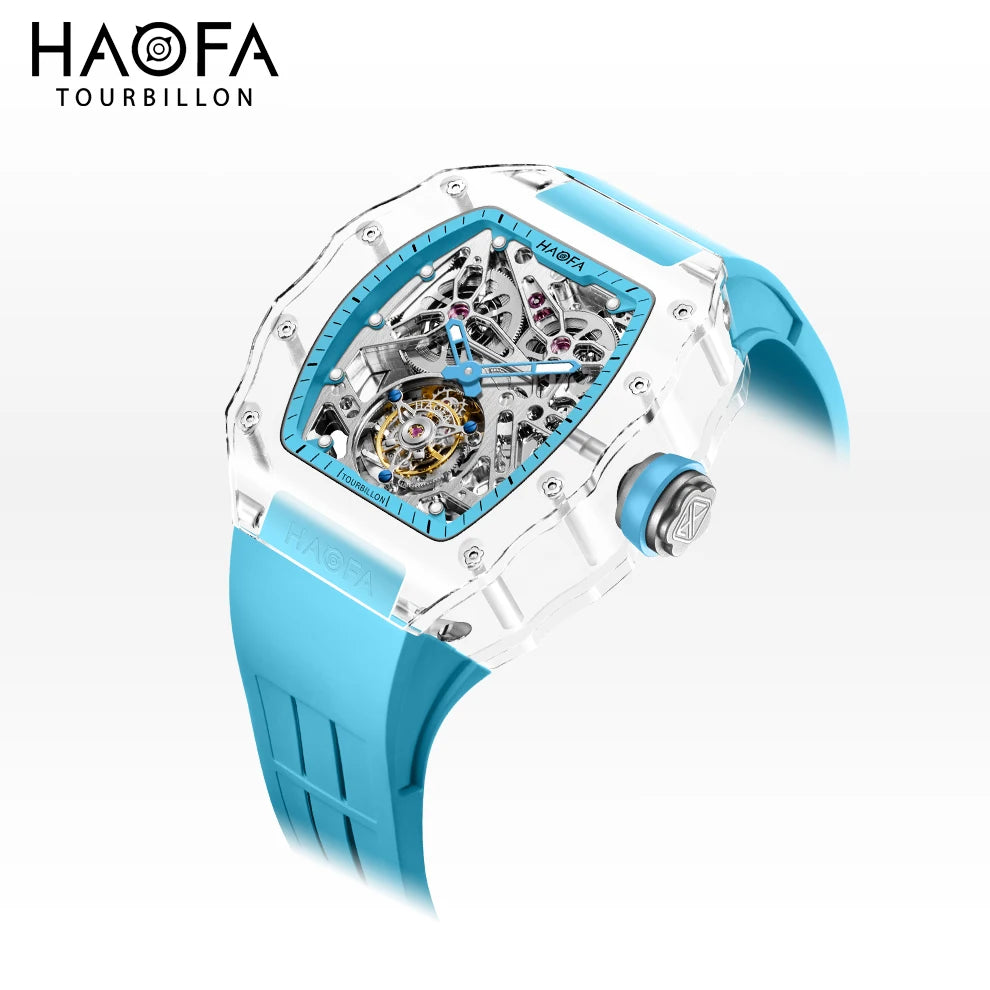 Haofa Automatic Tourbillon Skeleton Man watch Luxury Self Wind Flying Mechanical Tourbillon K9 Crystal Watches for man 2201