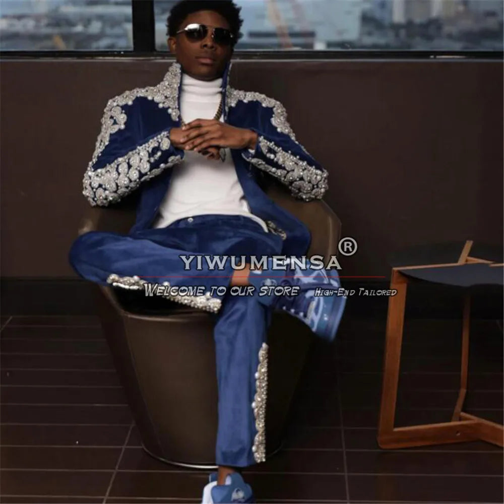 Luxury Crystals Beaded Suits Men Italian Design Jacket Pants 2 Piece Set Groom Wedding Tuxedos Customized Terno Masculinos 2026