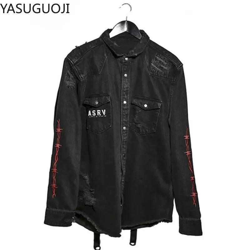 Gothic Demon Hunter Skull Black Denim Jacket Men Rock Punk Heavy Metal Sweatshirt Sudadera Hole Streetwear Mens Jean Jacket