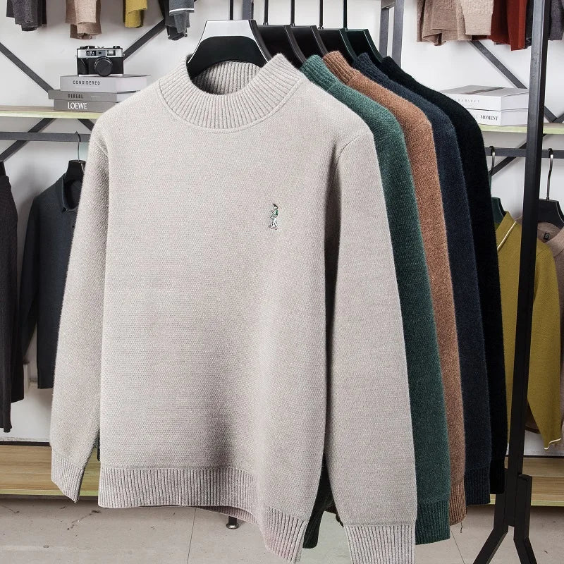 Luxury brand men's round neck knitted sweater fashion cartoon embroidery comfort warm plush autumn winter casual golf pullover