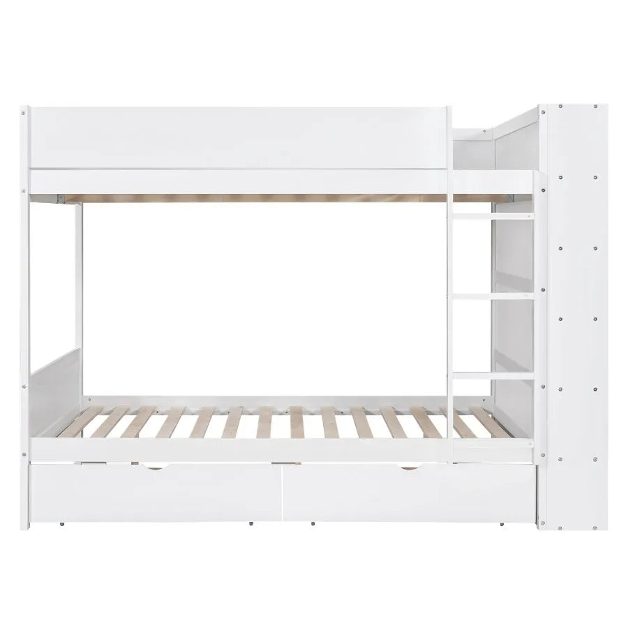 Full over Full Bunk Bed With 2 Drawers and Multi-layer Cabinet White