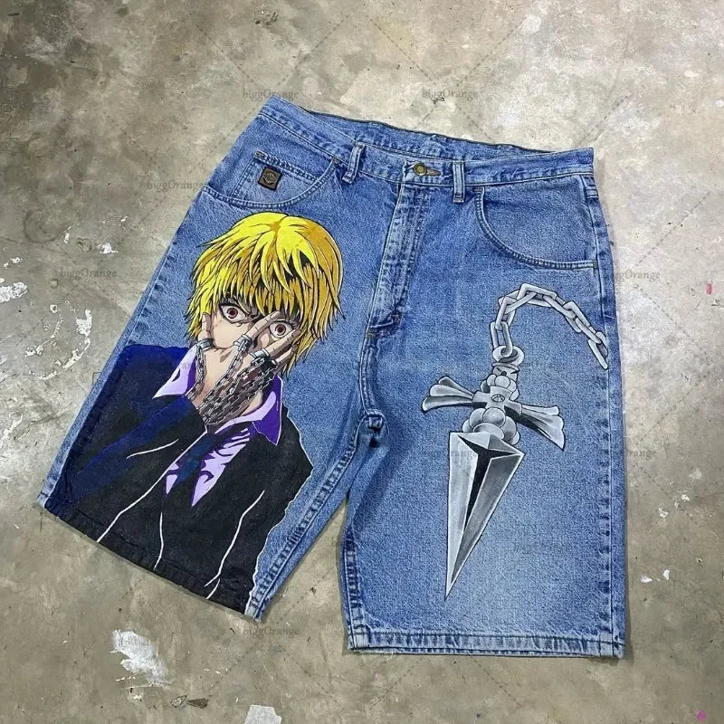 Retro American Trendy Streetwear Y2K Harajuku Anime Printed Denim Shorts Men Gothic Hip-hop Punk Loose Casual Straight Pants