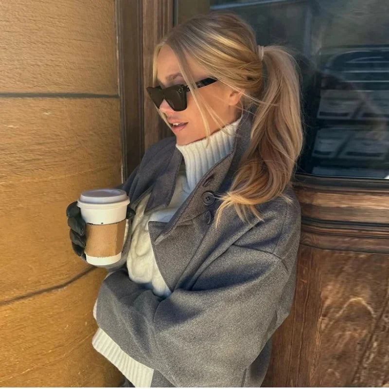 Urban Black Woolen Blend Coats Women Stand Collar Single-breasted Long Sleeve Thick Warm Jacket 2025 Autumn Winter Lady Outwear