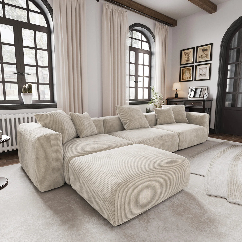Sdorens 141.73'' L Shape Sectional Sofa Corduroy Fabric Couches Oversized 3 Seater Couch with 1 Ottomans for Living Room Set
