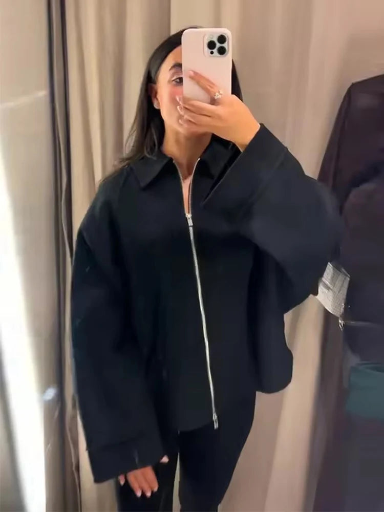 Women Woolen Jacket 2025 Autumn Winter Lapel Long Sleeve Women's Coat Zipper Loose Female Casual Outerwear Retro Lady Tops ﻿